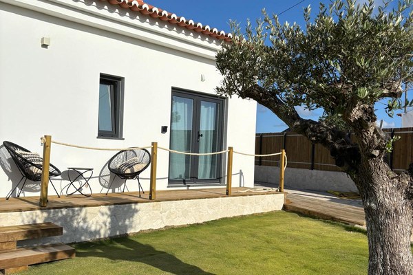 White facade and wooden deck under an olive tree, Raízes Vicentinas